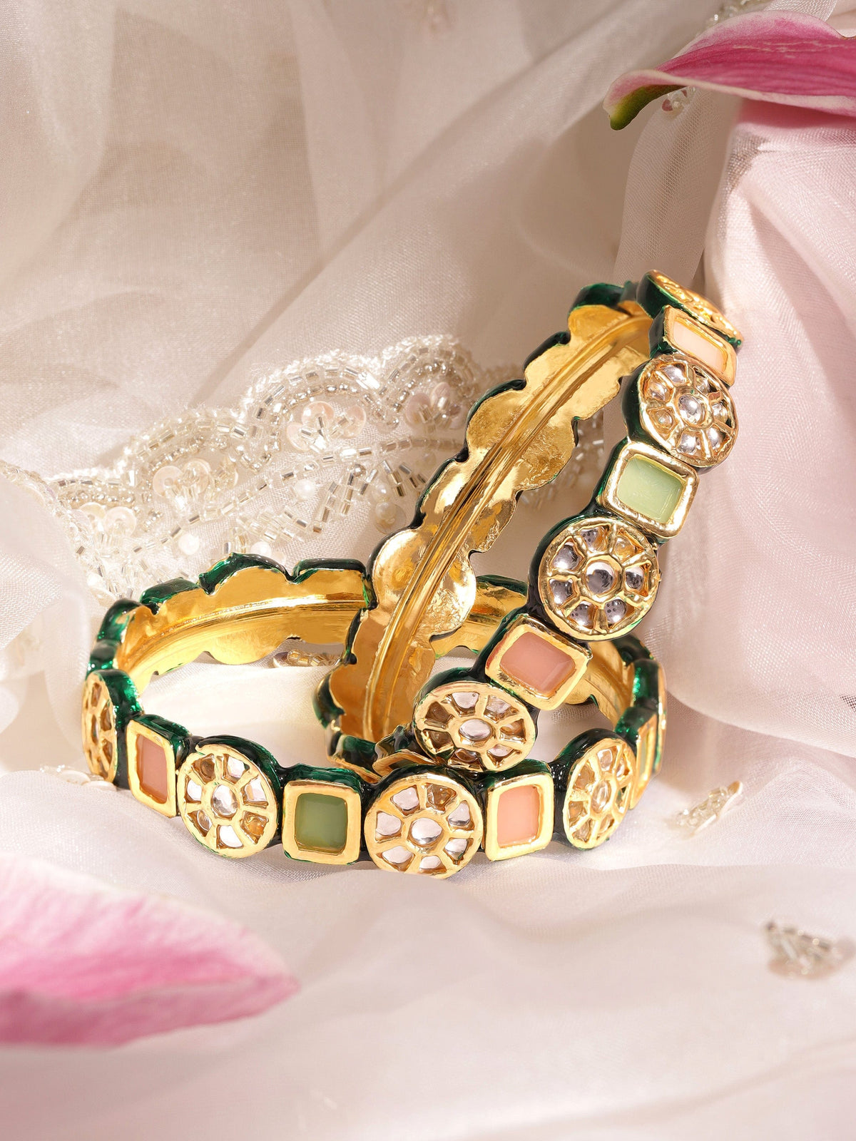 Rubans Set of 2, 22K Gold plated Kundan crystal with pastel beaded handcrafted regal statement bangle 2.6 - Medium