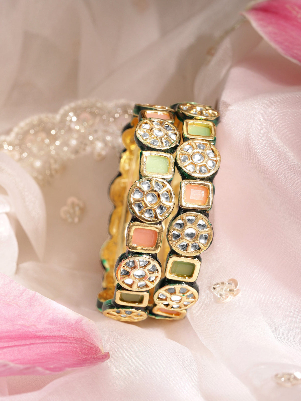 Rubans Set of 2, 22K Gold plated Kundan crystal with pastel beaded handcrafted regal statement bangle 2.6 - Medium