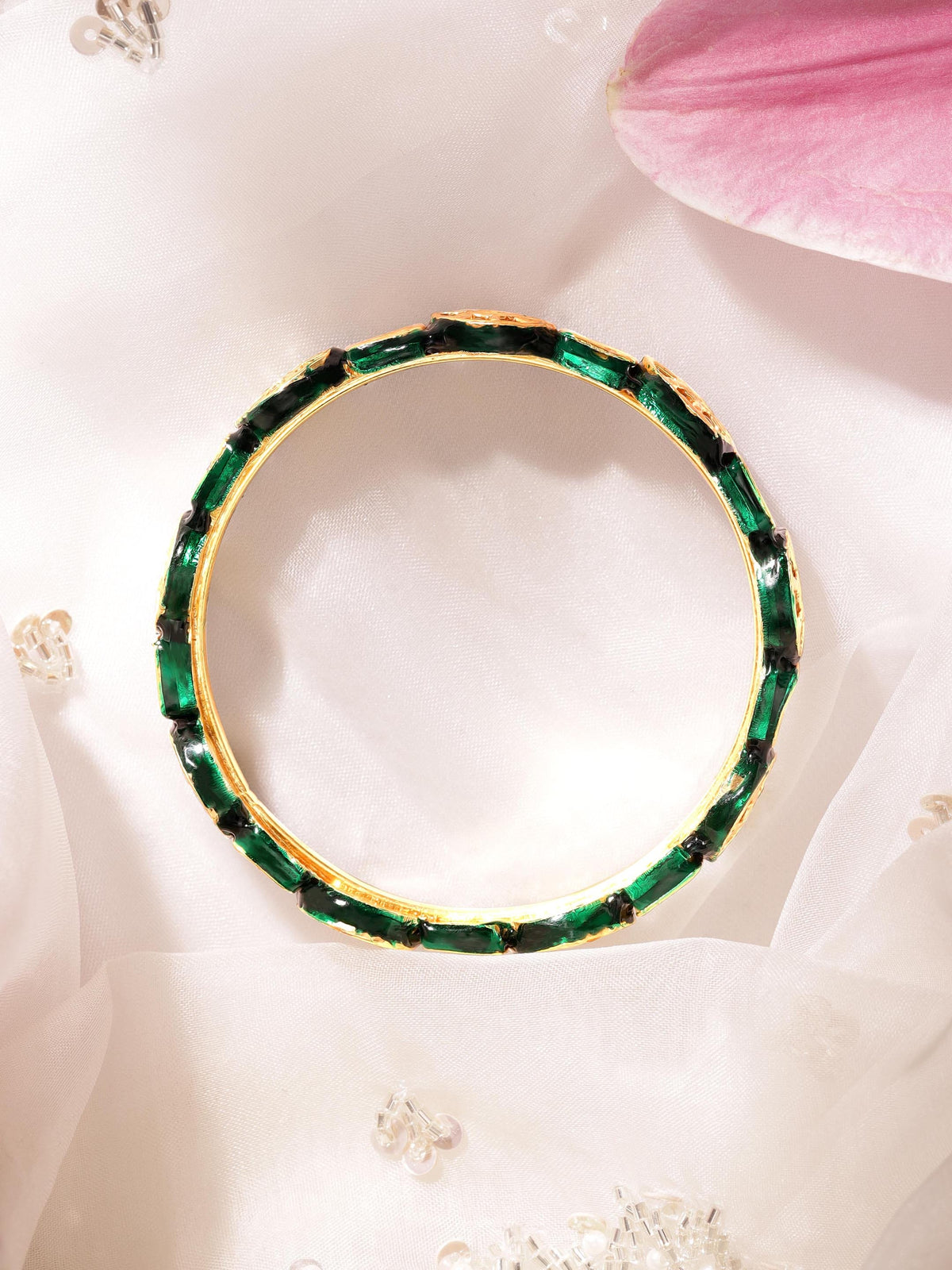 Rubans Set of 2, 22K Gold plated Kundan crystal with pastel beaded handcrafted regal statement bangle 2.6 - Medium