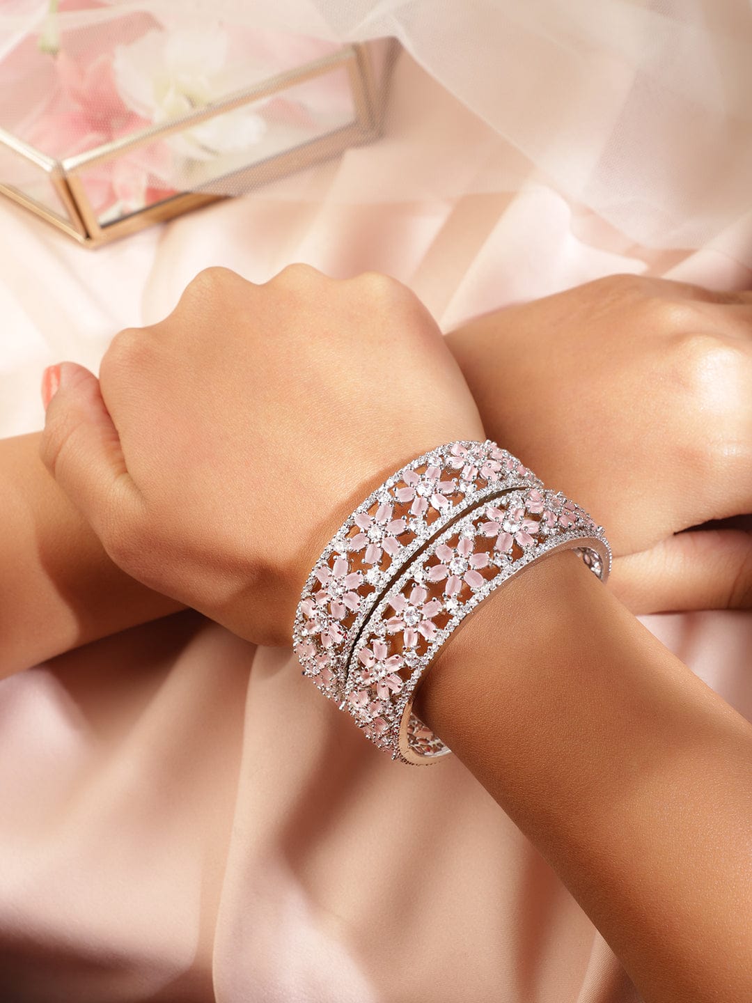 Rubans Set of 2 Rhodium Plated Premium Quality White AD & Cubic Zirconia Studded Bangles 2.4 - Small