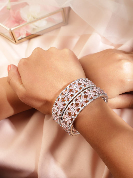 Rubans Set of 2 Rhodium Plated Premium Quality White AD & Cubic Zirconia Studded Bangles 2.8 - Large