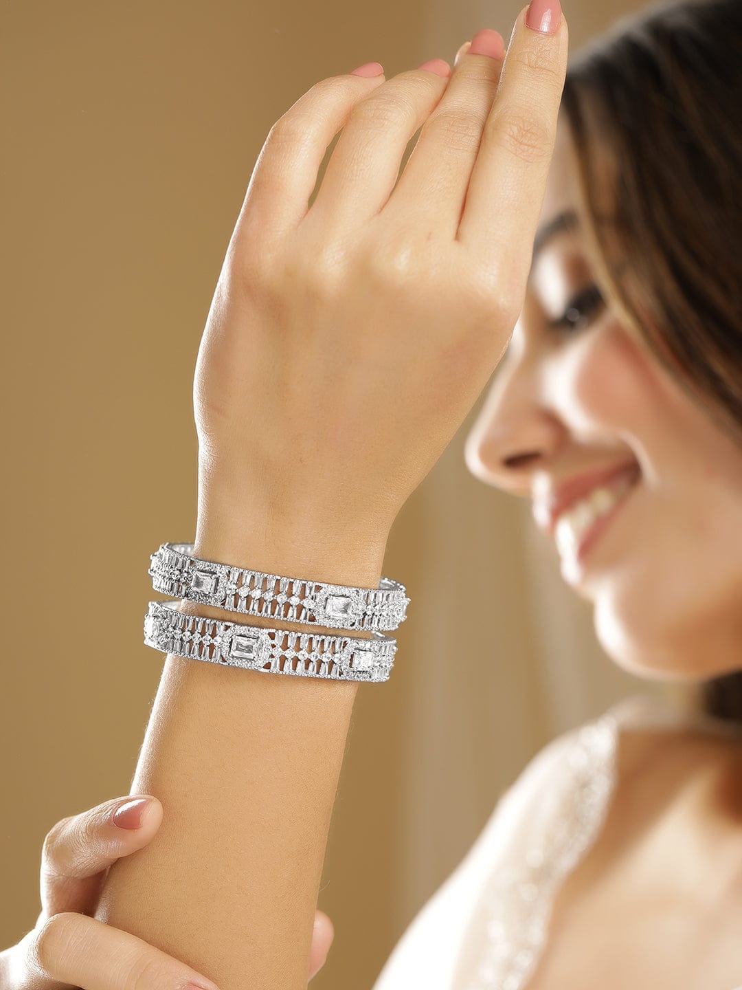 Set of 2 Rhodium-Plated Cubic Zirconia Studded Designer Bangles 2.4 - Small