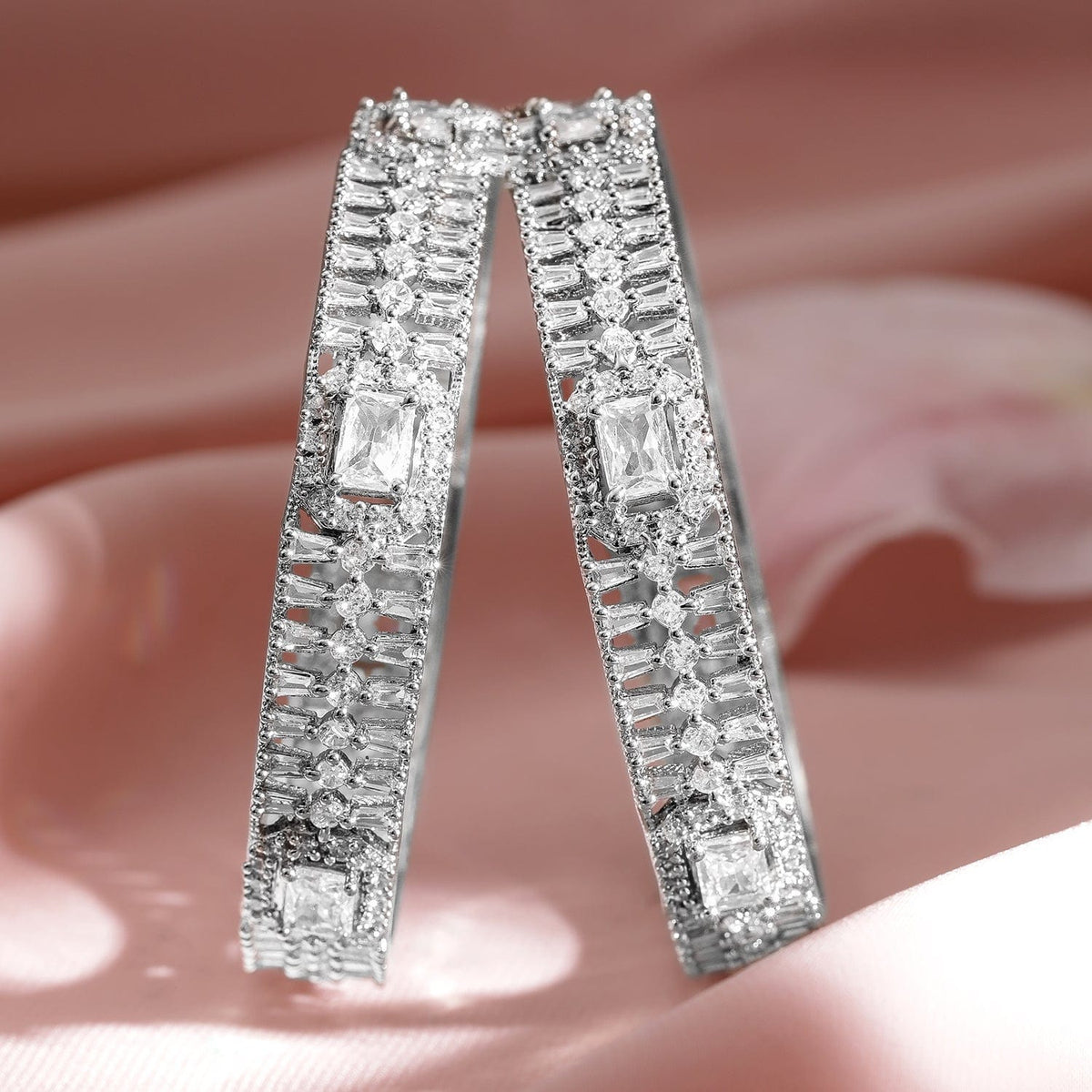Set of 2 Rhodium-Plated Cubic Zirconia Studded Designer Bangles 2.4 - Small