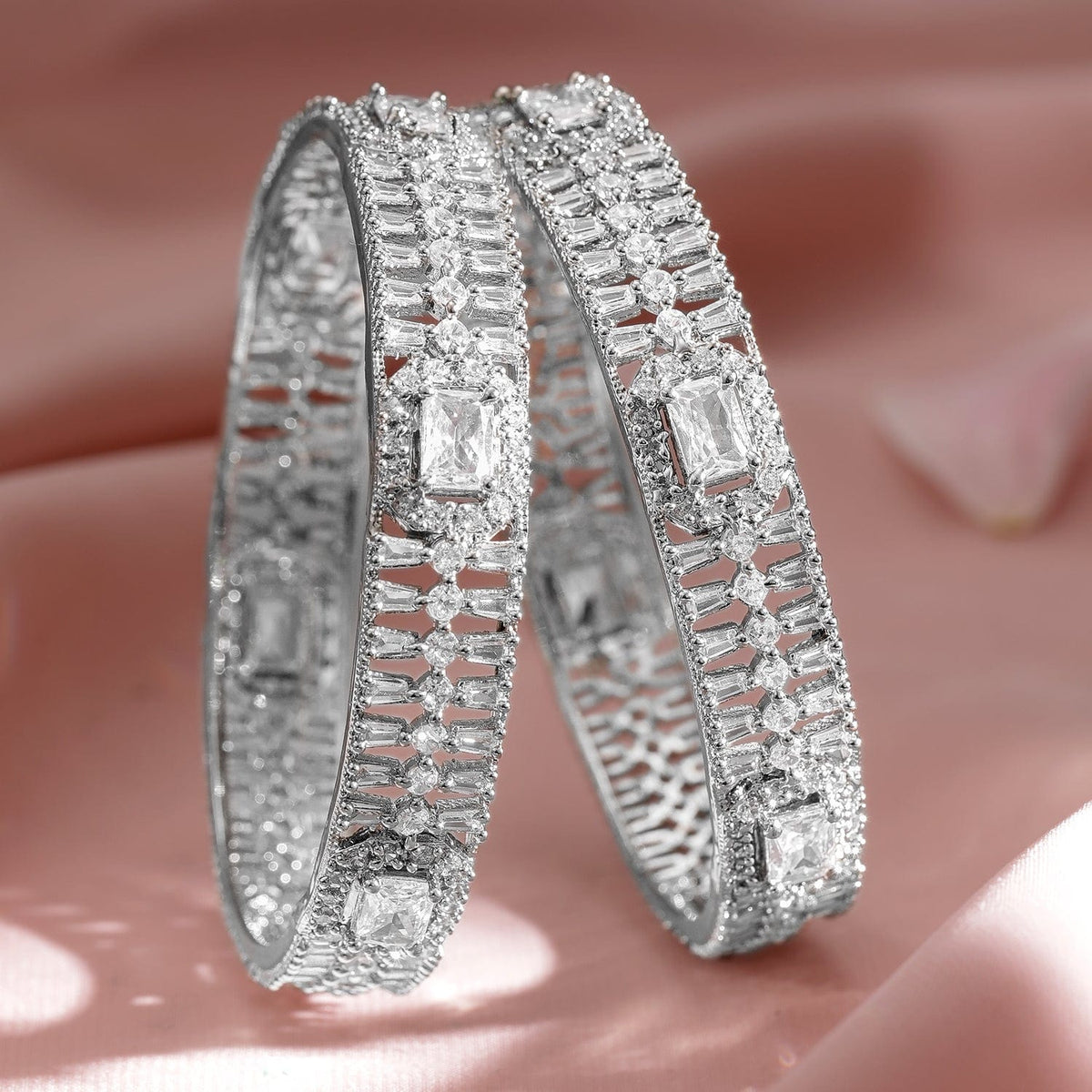 Set of 2 Rhodium-Plated Cubic Zirconia Studded Designer Bangles 2.8 - Large