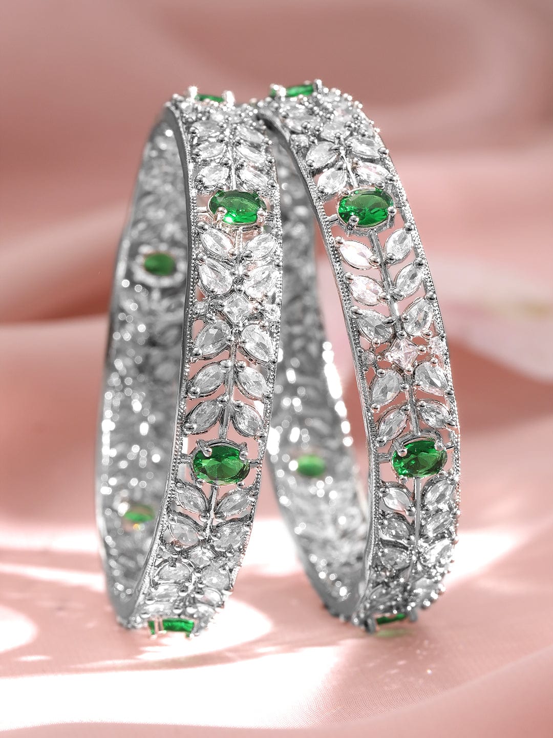 Set of 2 Rhodium-Plated Emerald Green Gemstone & Cubic Zirconia Studded Bangles 2.6 - Medium