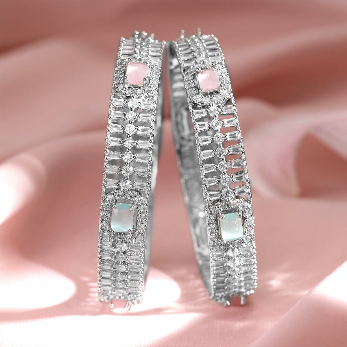 Set of 2 Rhodium-Plated Light Pink & Mint Green Gemstone CubicZirconia Studed Bangle 2.8 - Large