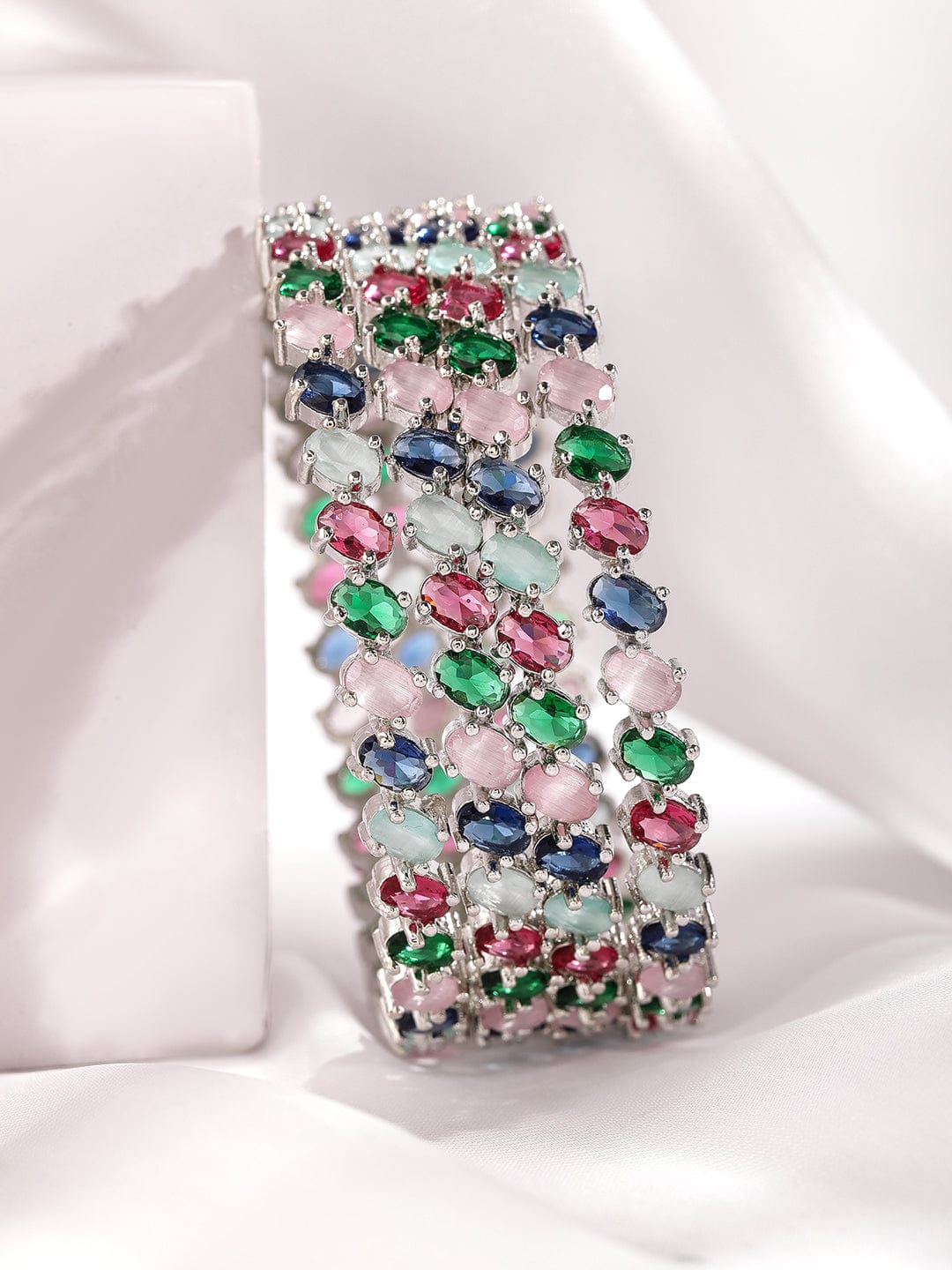 Set of 4 Rhodium-Plated Multicolor Gemstone Studded Traditional Bangles 2.4 - Small