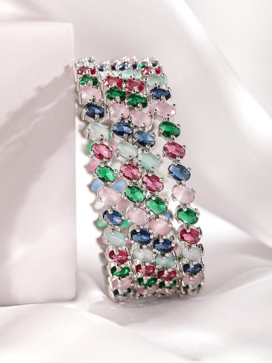 Set of 4 Rhodium-Plated Multicolor Gemstone Studded Traditional Bangles 2.6.