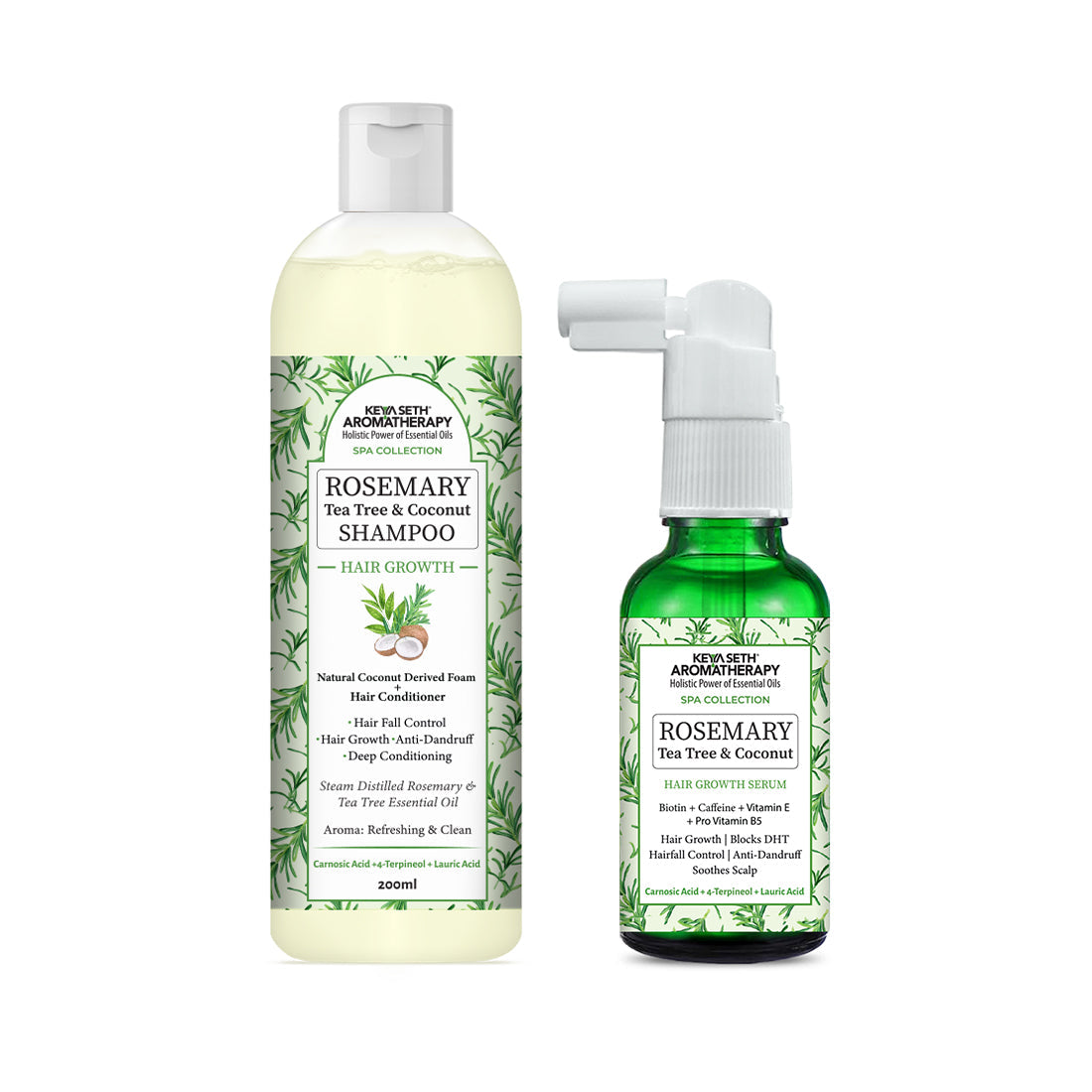 Rosemary Tea Tree Coconut Serum & Shampoo Combo: Reduces Dandruff & Scalp Itching, Hair Growth, Blocks DHT, Steam Distilled Essential Oil, Virgin Coconut Oil With Biotin Caffeine Vitamin E B5 230ml