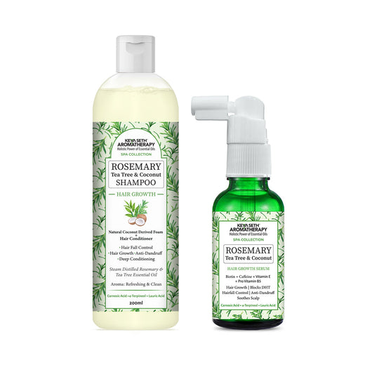 Rosemary Tea Tree Coconut Serum & Shampoo Combo: Reduces Dandruff & Scalp Itching, Hair Growth, Blocks DHT, Steam Distilled Essential Oil, Virgin Coconut Oil With Biotin Caffeine Vitamin E B5 230ml