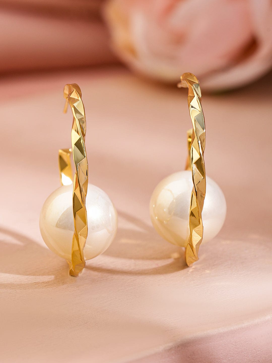Sleek Golden Twist Pearl Hoops Gold