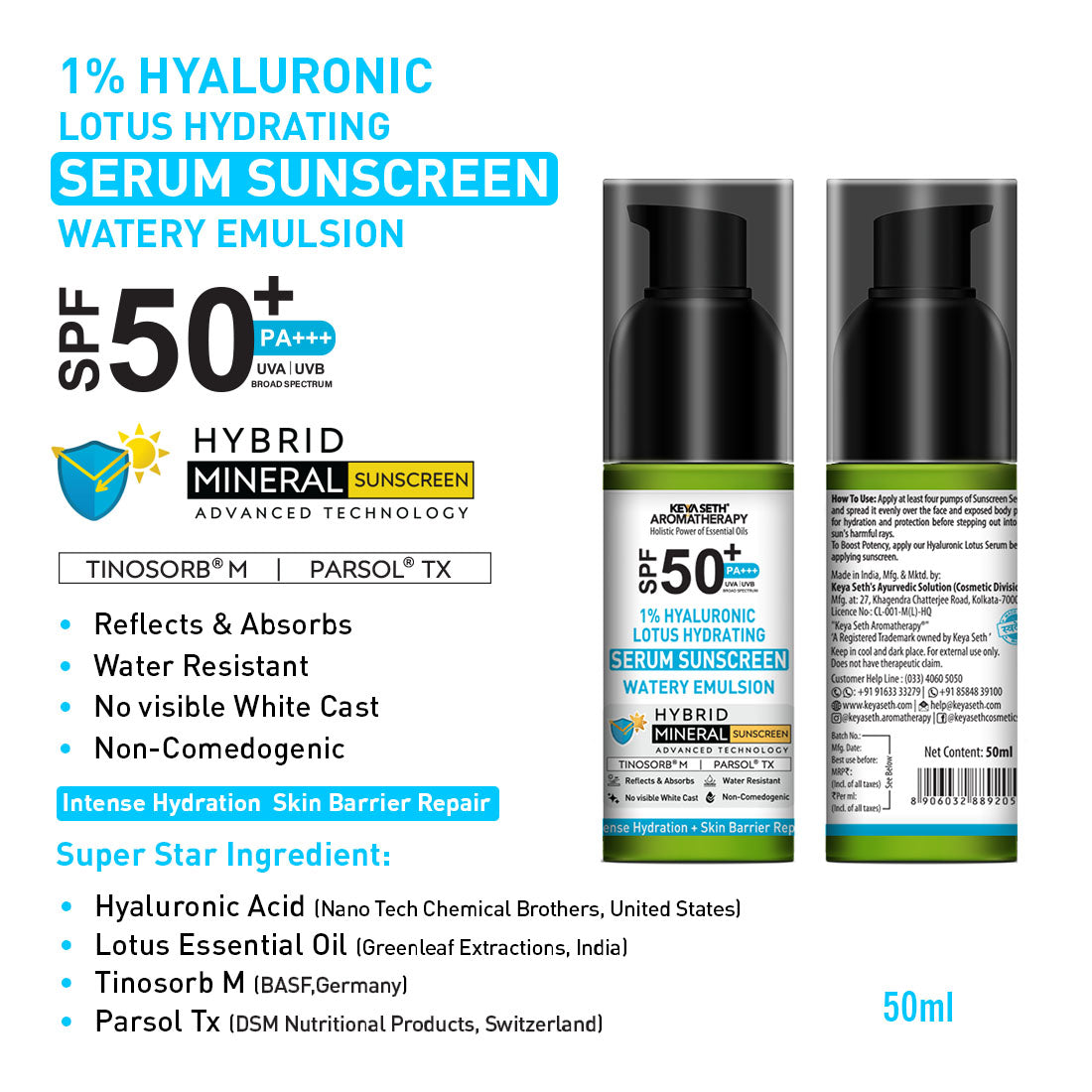 1% Hyaluronic Lotus Hydrating Serum Hybrid Mineral Sunscreen SPF 50 PA+++, Watery Emulsion,No White Cast, Water Resistant, Tinosorb M + Parsol TX 50ml