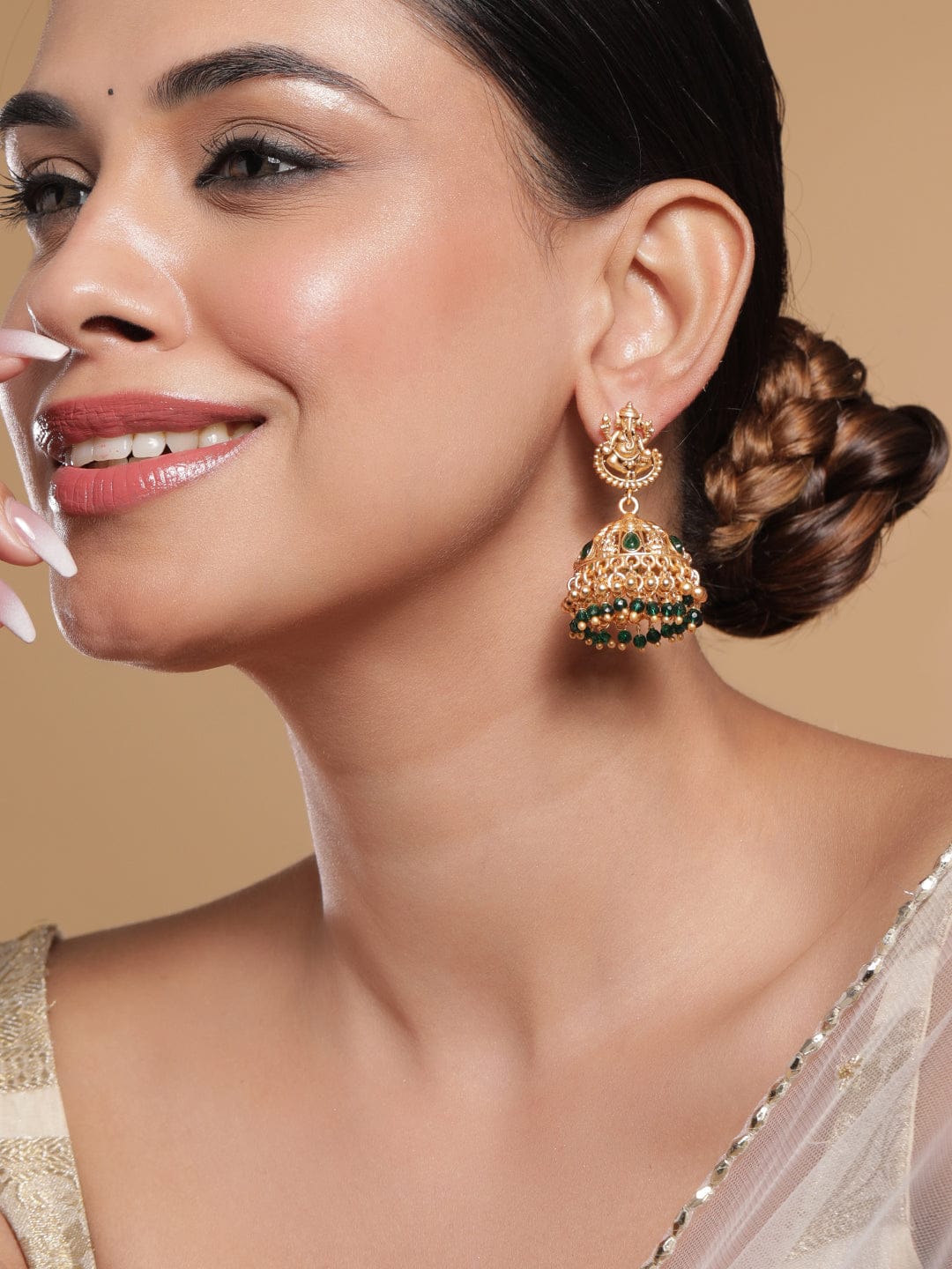 Temple Glow Lord Ganesha Motif Green Jhumka Gold