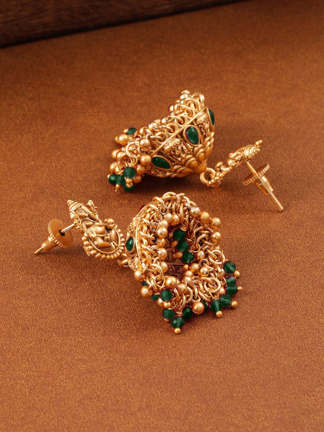 Temple Glow Lord Ganesha Motif Green Jhumka Gold