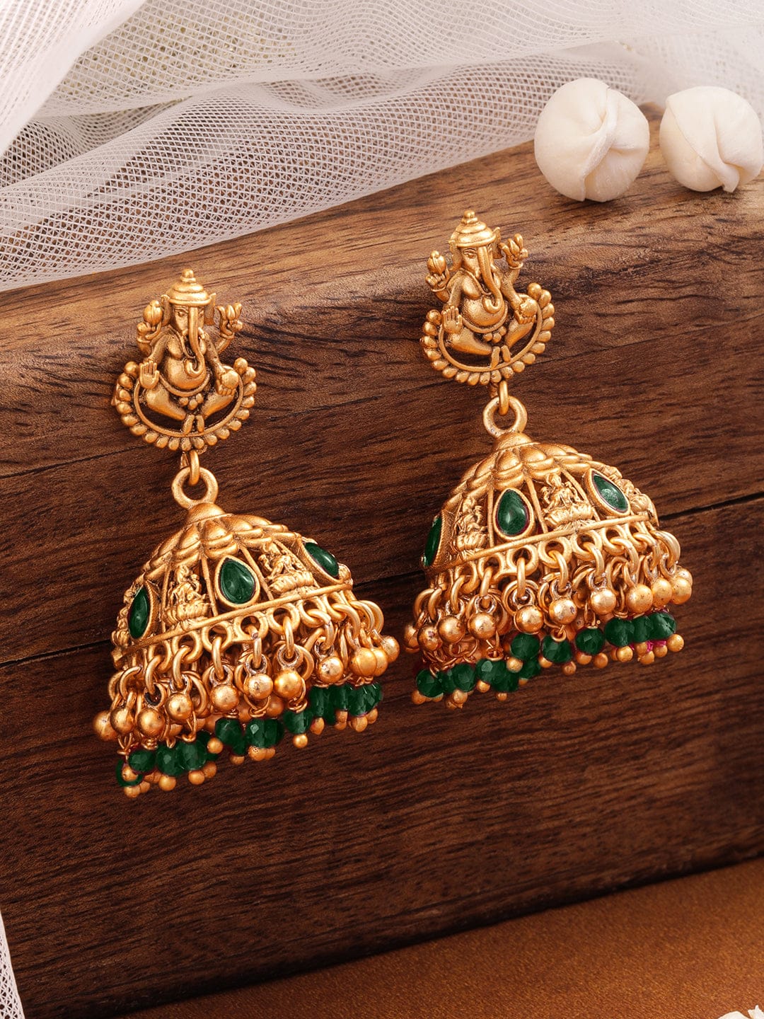 Temple Glow Lord Ganesha Motif Green Jhumka Gold