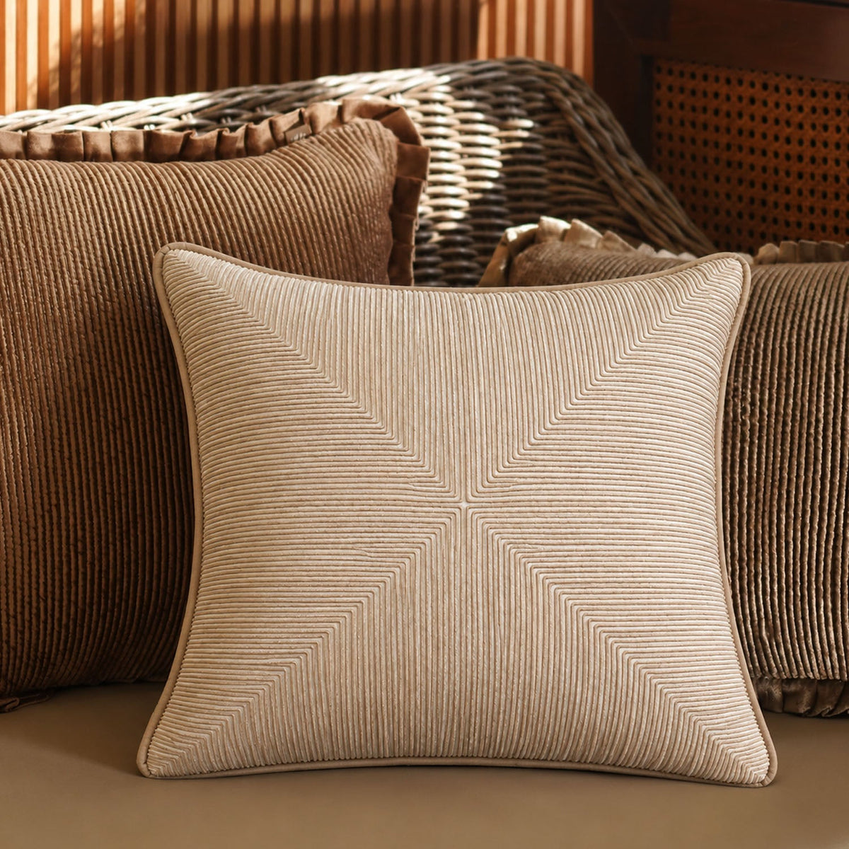 【Pure Home + Living】 Beige Embroidered Cushion Cover｜ベージュ 刺繍クッションカバー｜40×40cm｜コットン（控えめな刺繍）