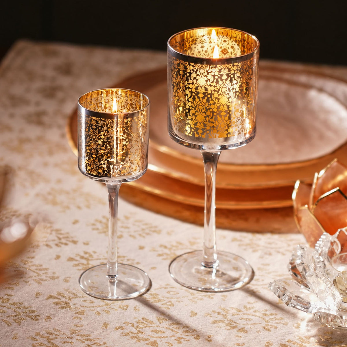 【Pure Home + Living】 Floral Pattern Stem Candle Holders - Set of 2｜フローラルパターン ステム キャンドルホルダー 2個セット｜7×7×20cm