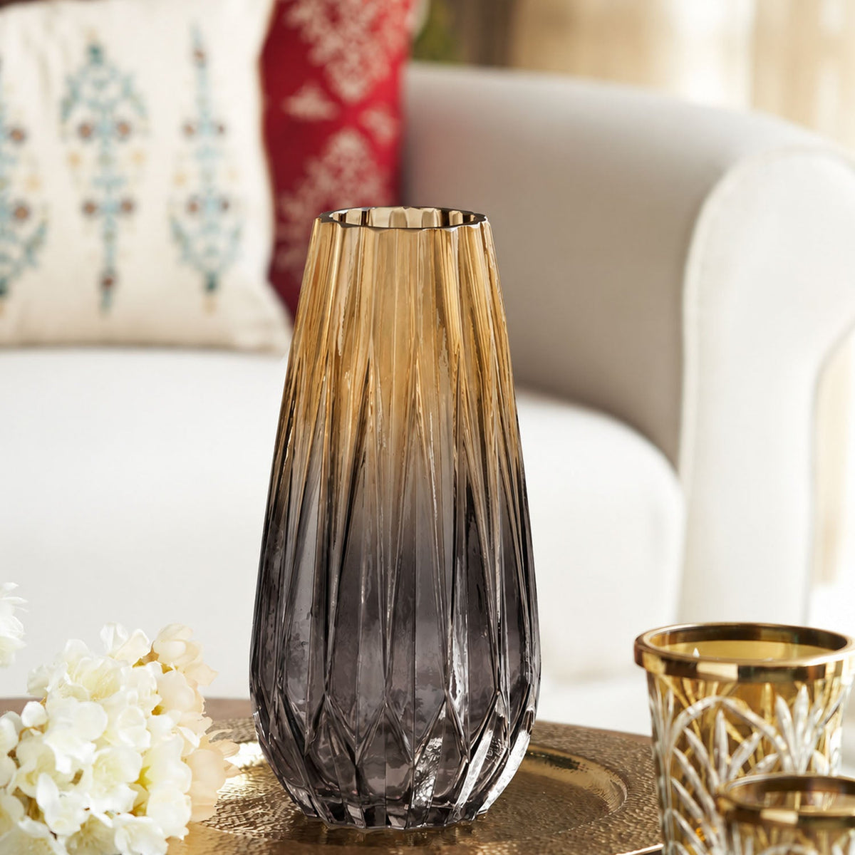 【Pure Home + Living】 Light Amber & Grey Diamond Texture Vase｜ライトアンバー＆グレー ダイヤモンドテクスチャー 花瓶｜12×12×25cm