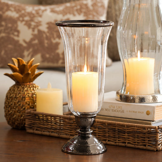 【Pure Home + Living】 Silver & Clear Glass Hurricane Candle Holder (Compact)｜シルバー＆クリア ガラス ハリケーン キャンドルホルダー（コンパクト）｜15×15×31cm