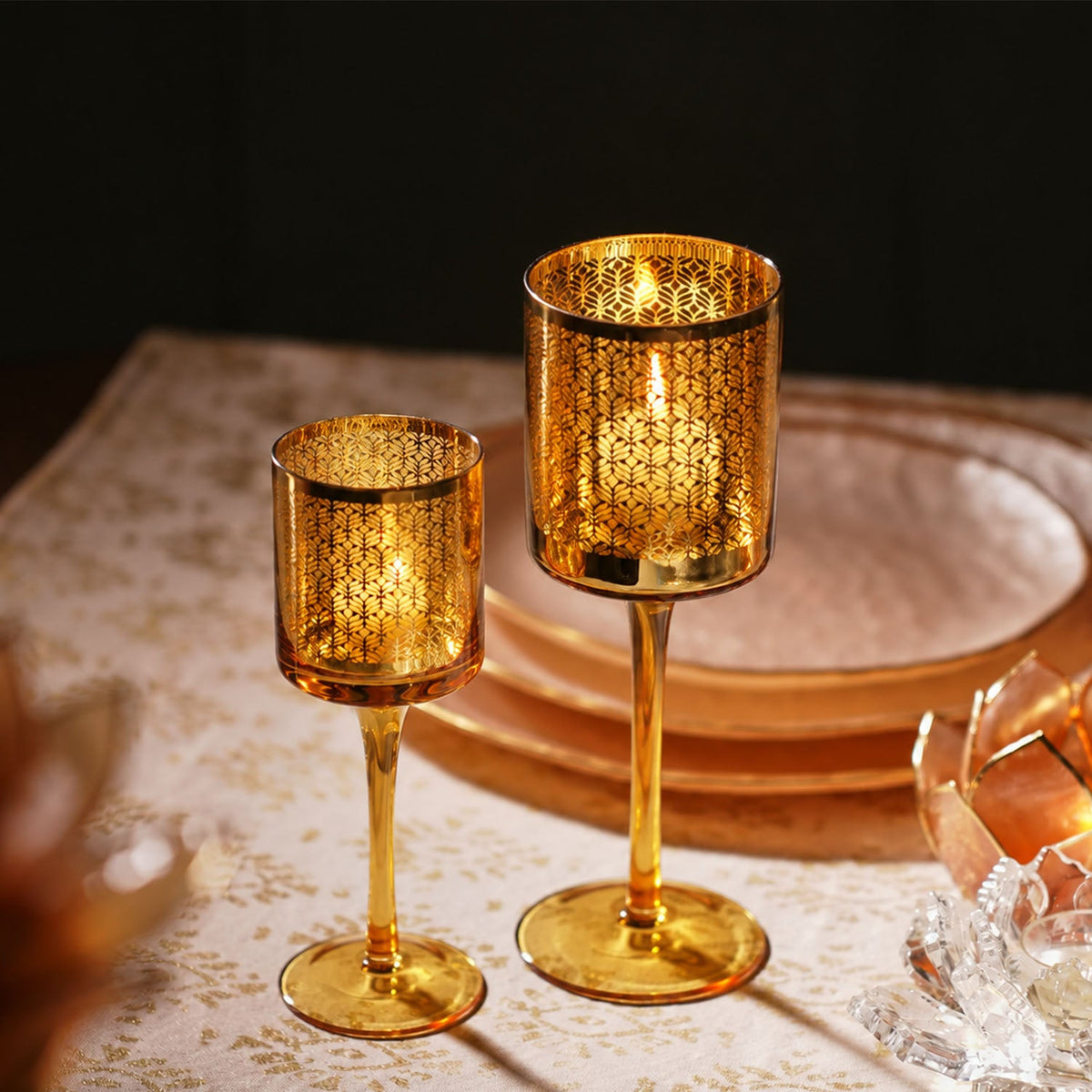 【Pure Home + Living】 Lace Pattern Stem Candle Holders - Set of 2｜レースパターン ステム キャンドルホルダー 2個セット｜7×7×20cm