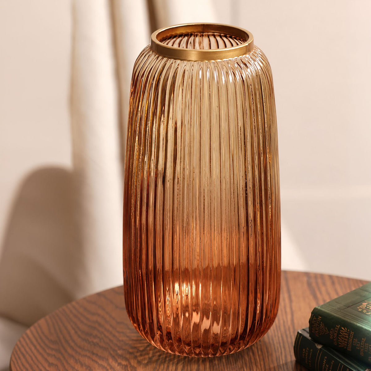 【Pure Home + Living】 Light Amber & Dark Amber Ribbed Vase｜ライトアンバー＆ダークアンバー リブ 花瓶｜12.5×12.5×25cm