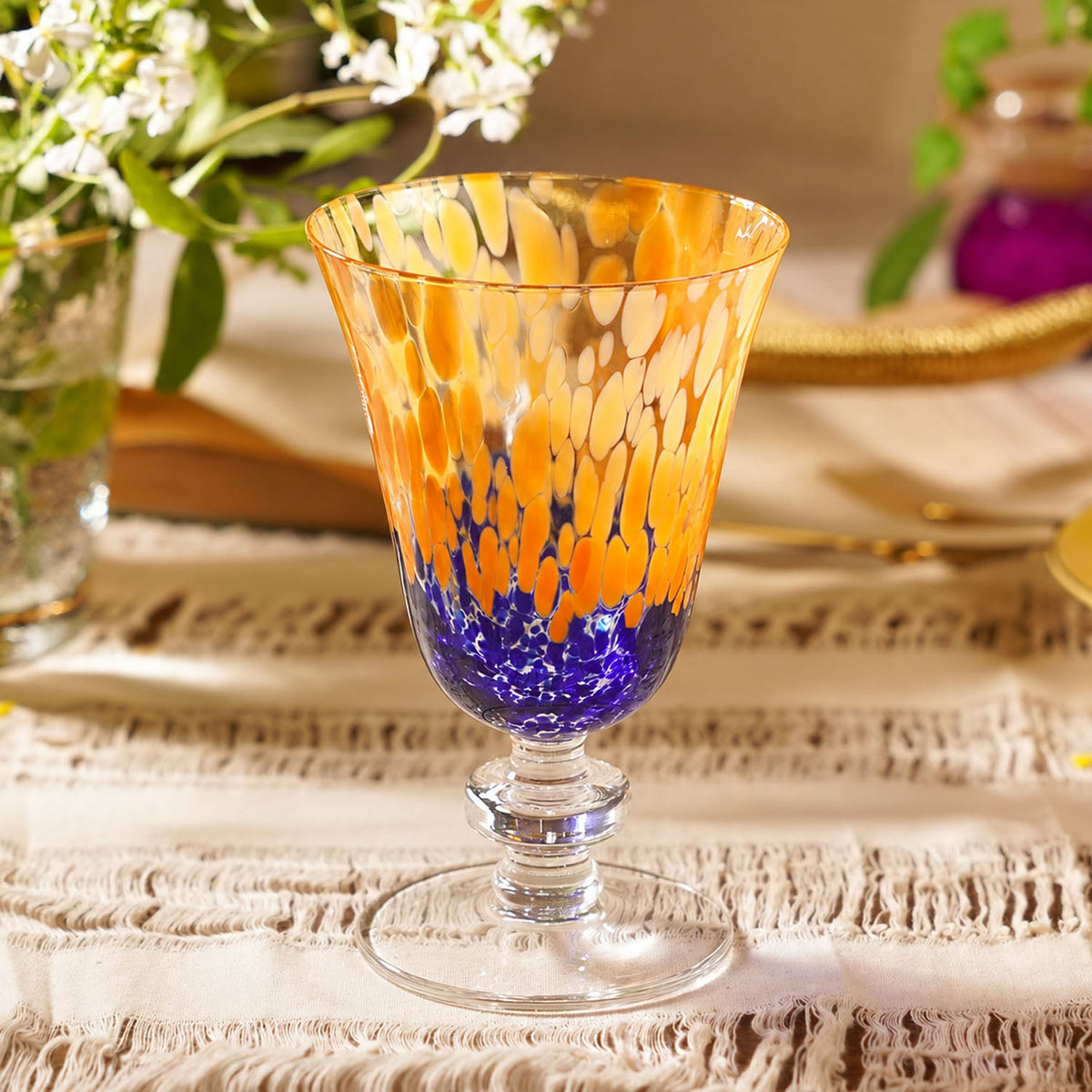 【Pure Home + Living】 Orange & Blue Speckled Glass Wine Tumbler｜オレンジ＆ブルー スペックル ガラス ワインタンブラー｜直径9.1×高さ13.9cm