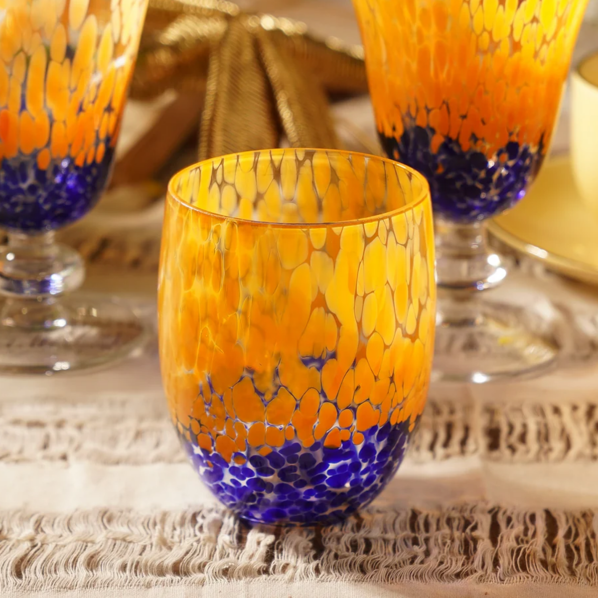 【Pure Home + Living】 Orange & Blue Speckled Glass Tumbler - Set of 2｜オレンジ＆ブルー スペックル ガラス タンブラー 2個セット｜直径6.5×高さ10.5cm