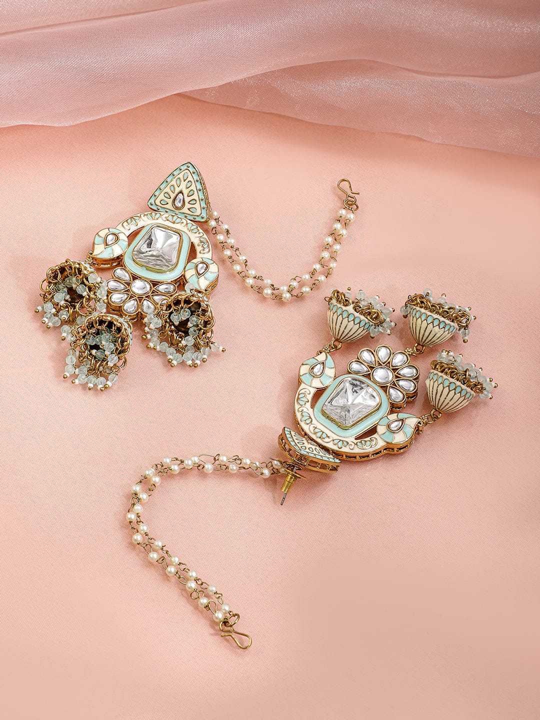 Timeless White Jhumka with Kaan Chain Mint Green