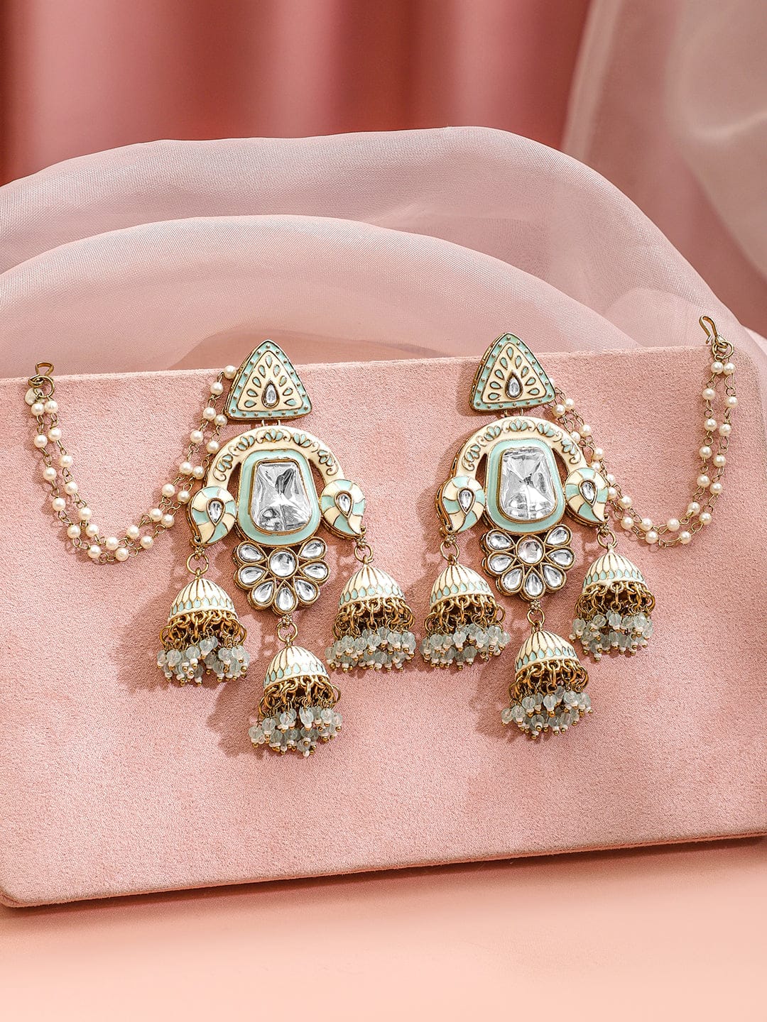 Timeless White Jhumka with Kaan Chain Mint Green