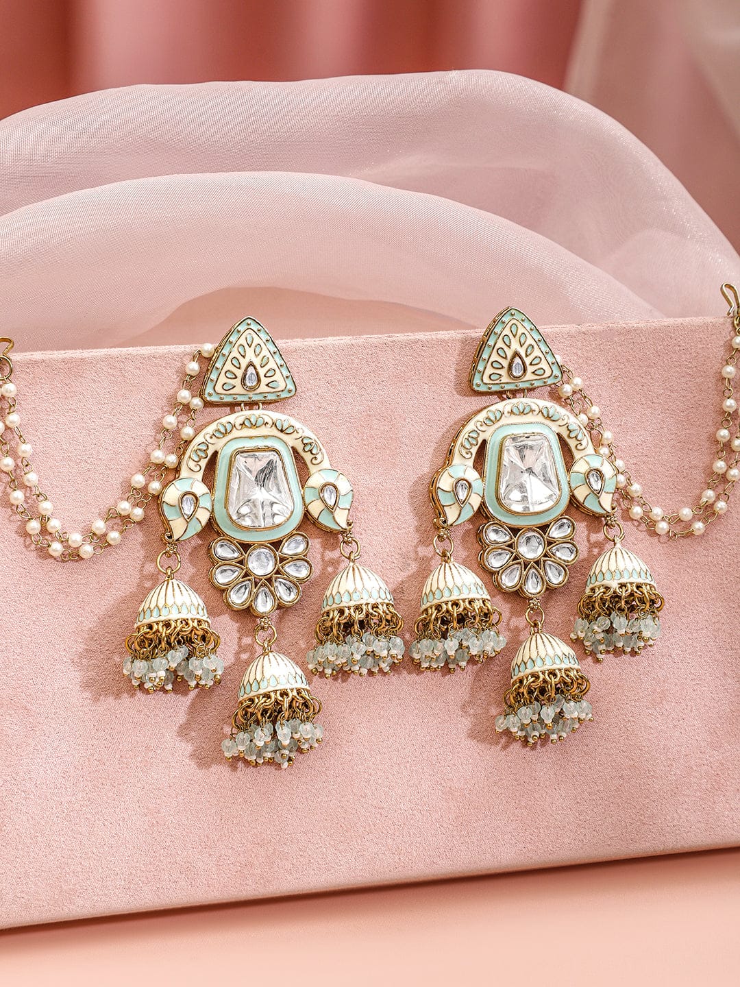 Timeless White Jhumka with Kaan Chain Mint Green