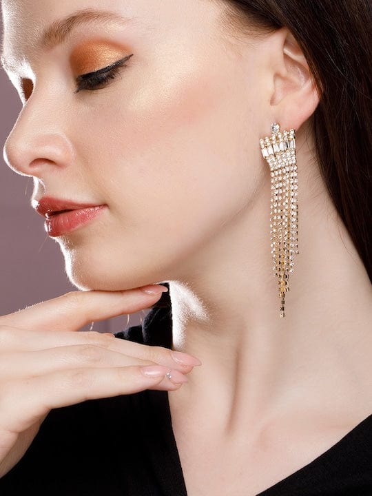 【Rubans】 18K Gold Plated Crystal Studded Tassel Earrings｜18K ゴールドメッキ クリスタル タッセルイヤリング