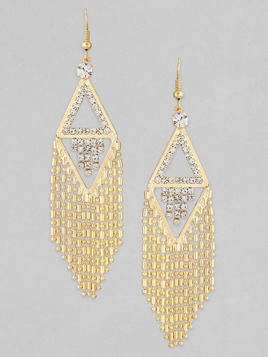 【Rubans】 18K Gold Plated Zirconia Studded Chain Beaded Fringe Dangler Earrings｜18K ゴールドメッキ ジルコニア チェーン＆ビーズ フリンジ ダングラーイヤリング