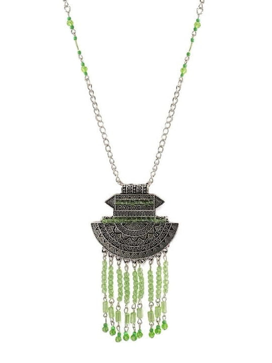 【Rubans】 Oxidized Silver Green Crystal Tassel Necklace｜オキシダイズドシルバー グリーンクリスタル タッセル ネックレス