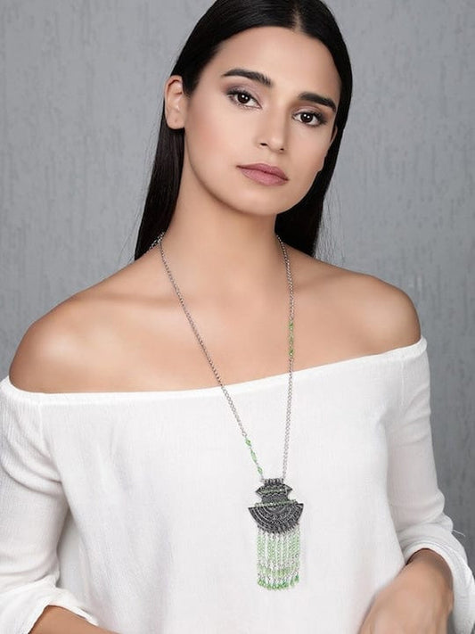 【Rubans】 Oxidized Silver Green Crystal Tassel Necklace｜オキシダイズドシルバー グリーンクリスタル タッセル ネックレス