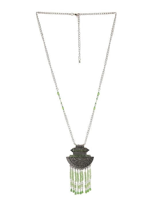 【Rubans】 Oxidized Silver Green Crystal Tassel Necklace｜オキシダイズドシルバー グリーンクリスタル タッセル ネックレス
