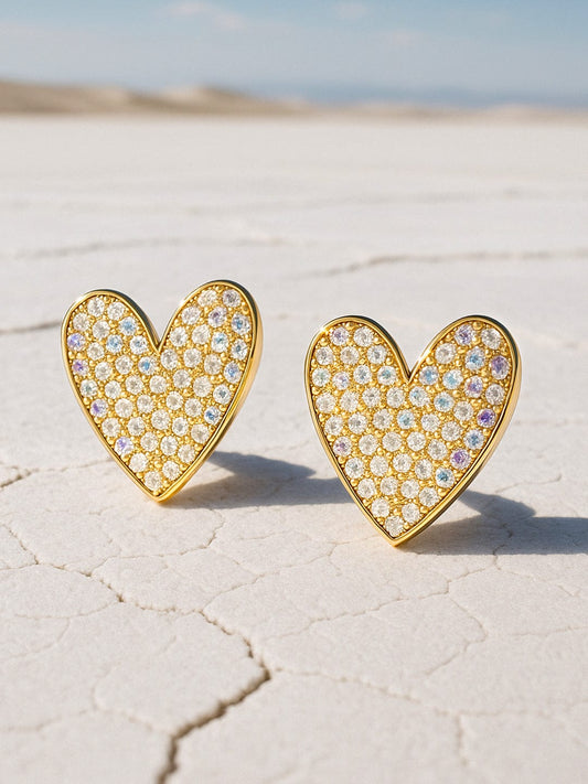 【Rubans】 18K Gold Toned White Zircons Studded Heart Stud Earrings｜18K ゴールドトーン ホワイトジルコニア ハート スタッドイヤリング