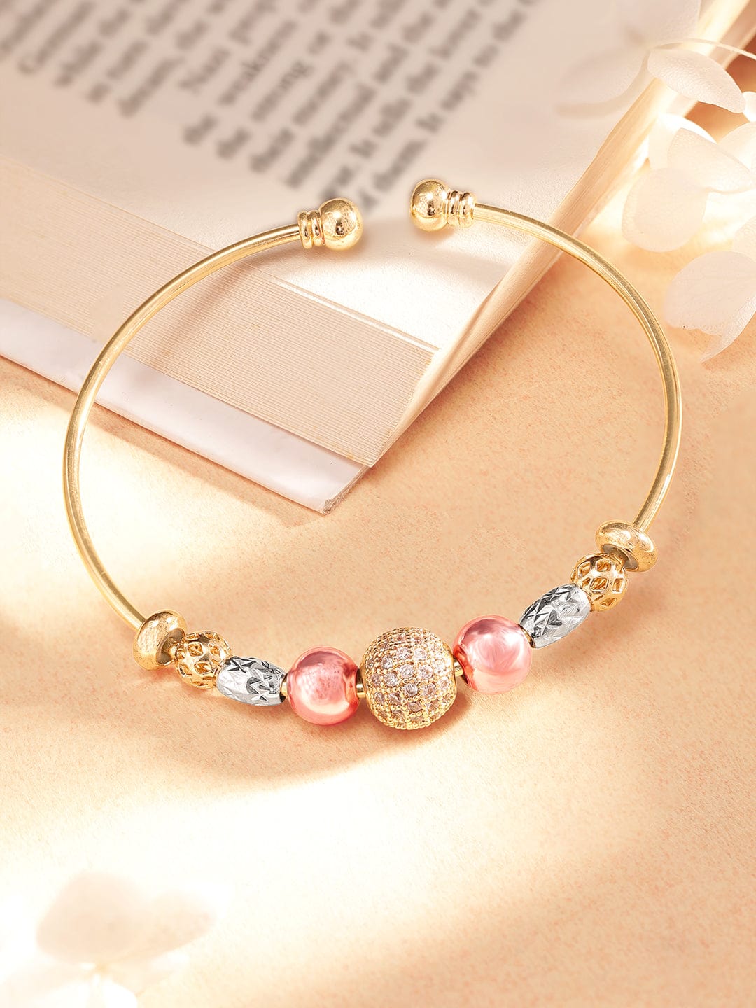 【Rubans】 18K Gold Plated Zirconia Beaded Charm Adjustable Minimal Bracelet｜18K ゴールドメッキ ジルコニアビーズ チャーム ミニマル ブレスレット