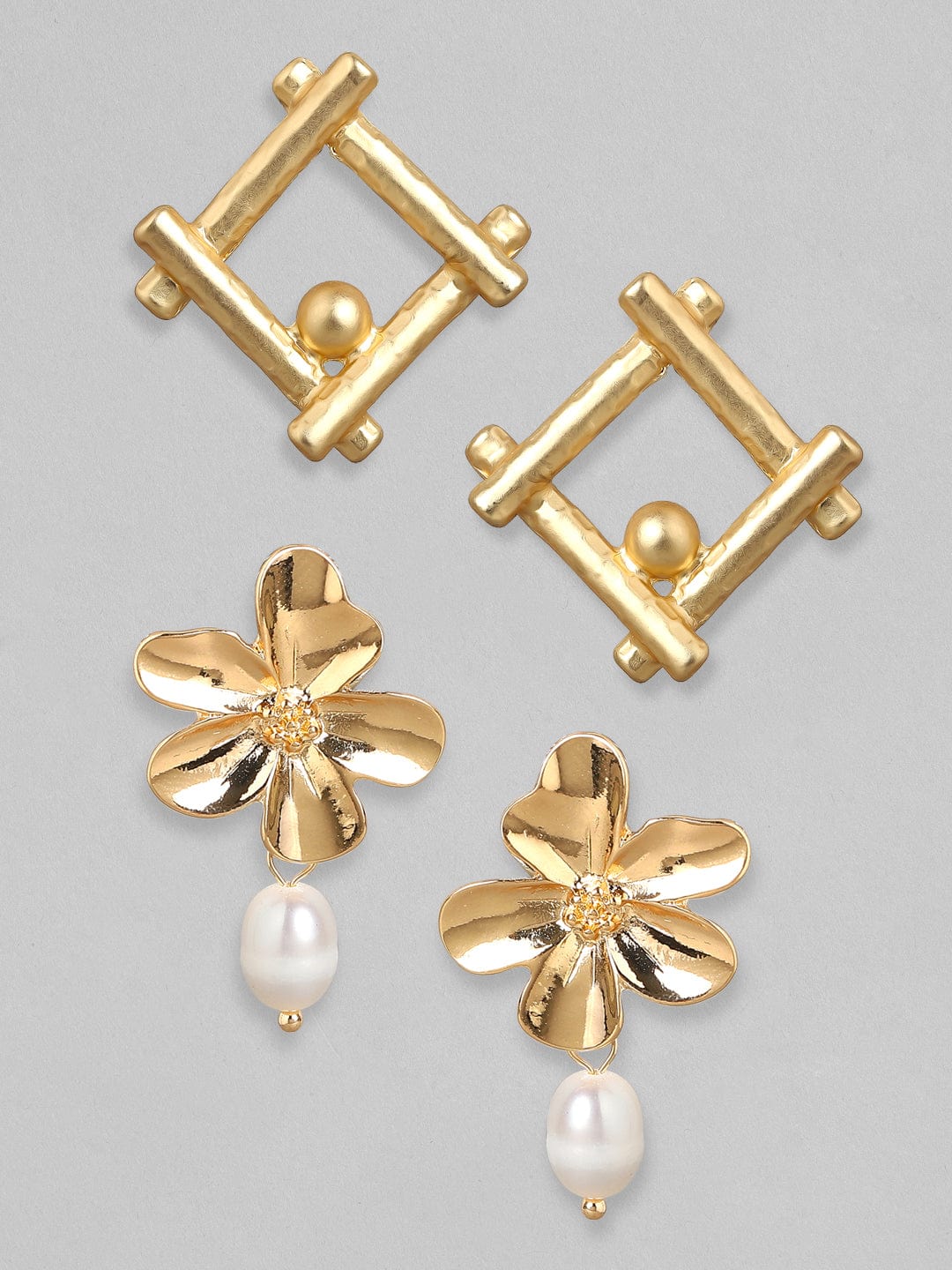 【Rubans】 Gold-Toned  White Set Of 2 Drop Earrings｜ゴールドトーン ホワイト ドロップイヤリング 2組セット