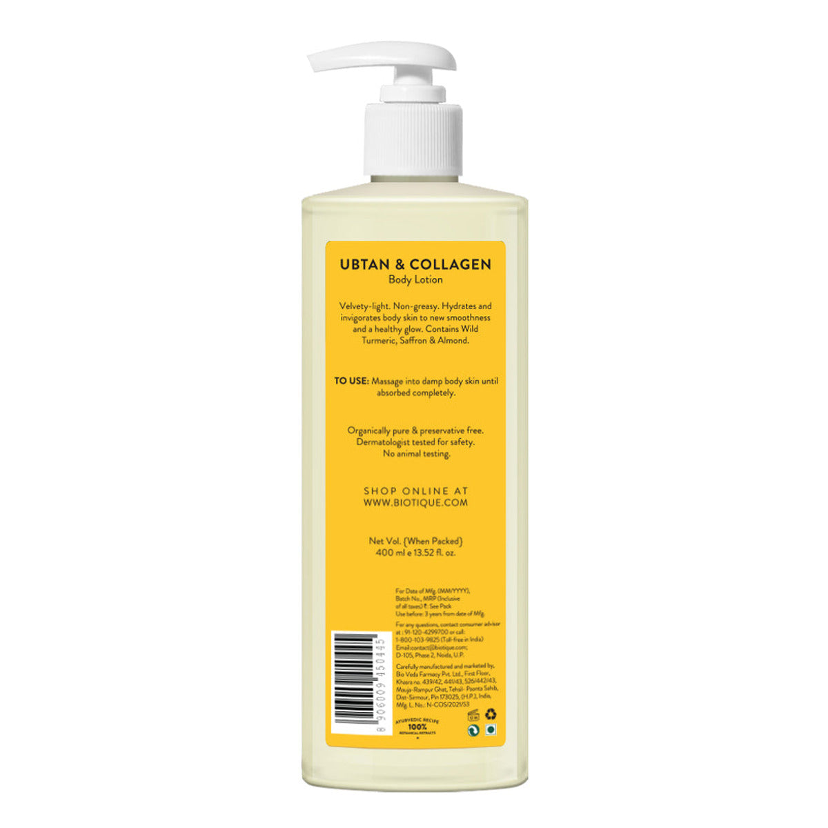 【Biotique】 BIOTIQUE Ubtan & Collagen Body Lotion 400ml (Pack of 2)｜ウブタン コラーゲン ボディローション｜400ml×2本