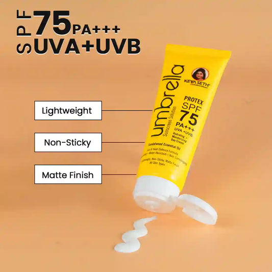 Umbrella Sunscreen Solution Protex SPF 75 Broad Spectrum Protection, Hydrating, No White Cast, Lightweight Matte Finish with Sandalwood Oil 18g