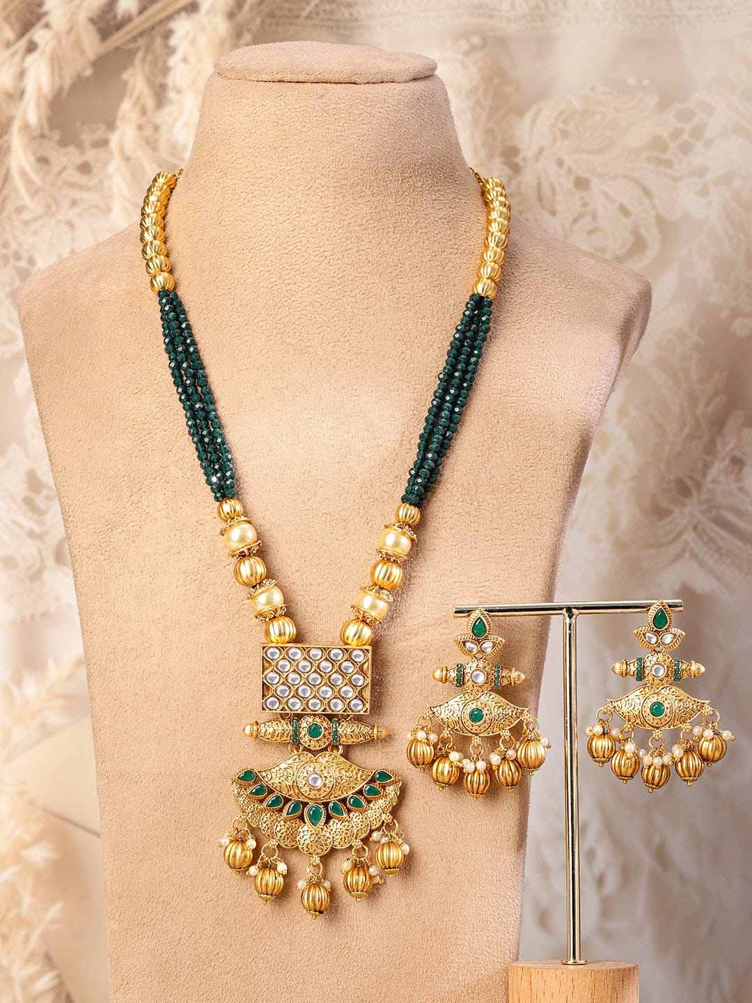 Vintage Luxe Green & Golden Necklace Set フリーサイズ