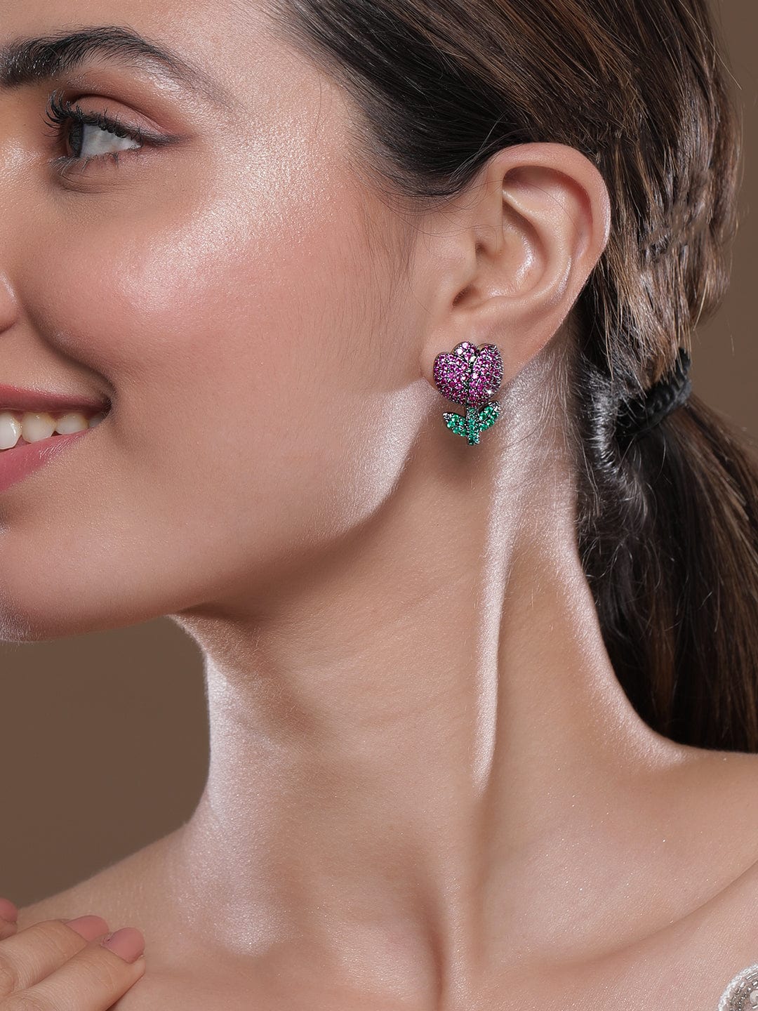 Midnight Rose Sparkle Stud Earrings Ruby Pink & Emerald