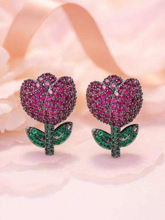 Midnight Rose Sparkle Stud Earrings Ruby Pink & Emerald
