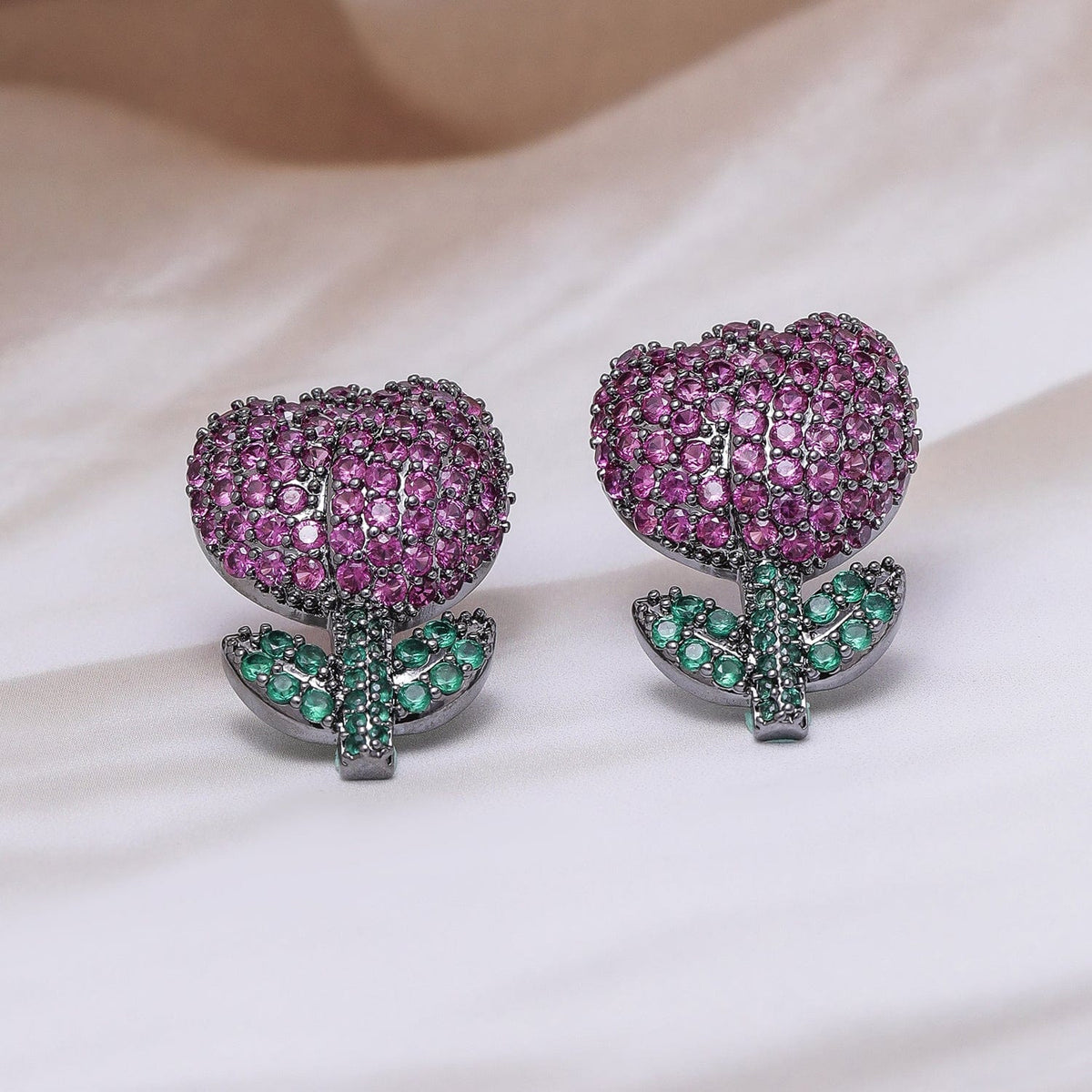 Midnight Rose Sparkle Stud Earrings Ruby Pink & Emerald