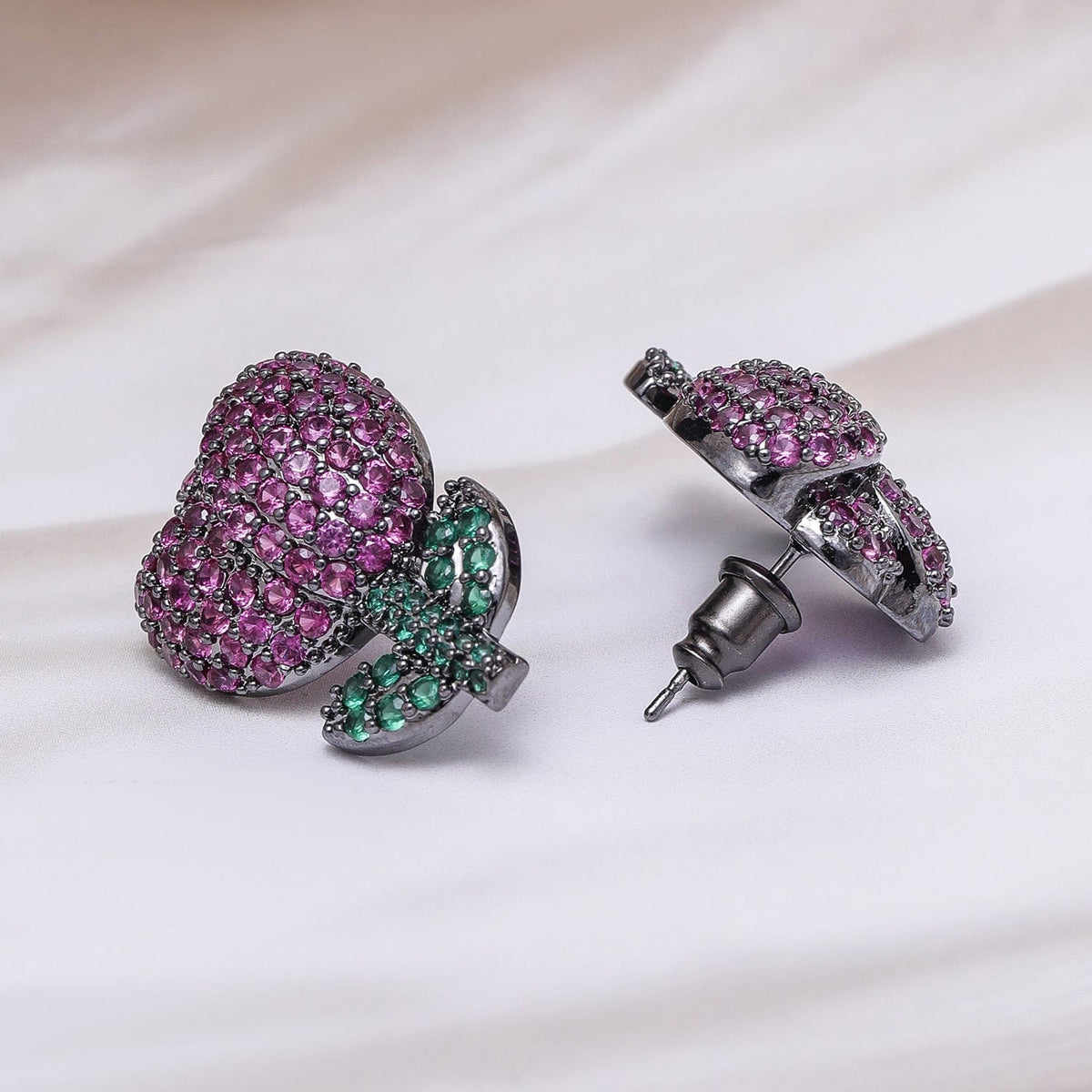 Midnight Rose Sparkle Stud Earrings Ruby Pink & Emerald