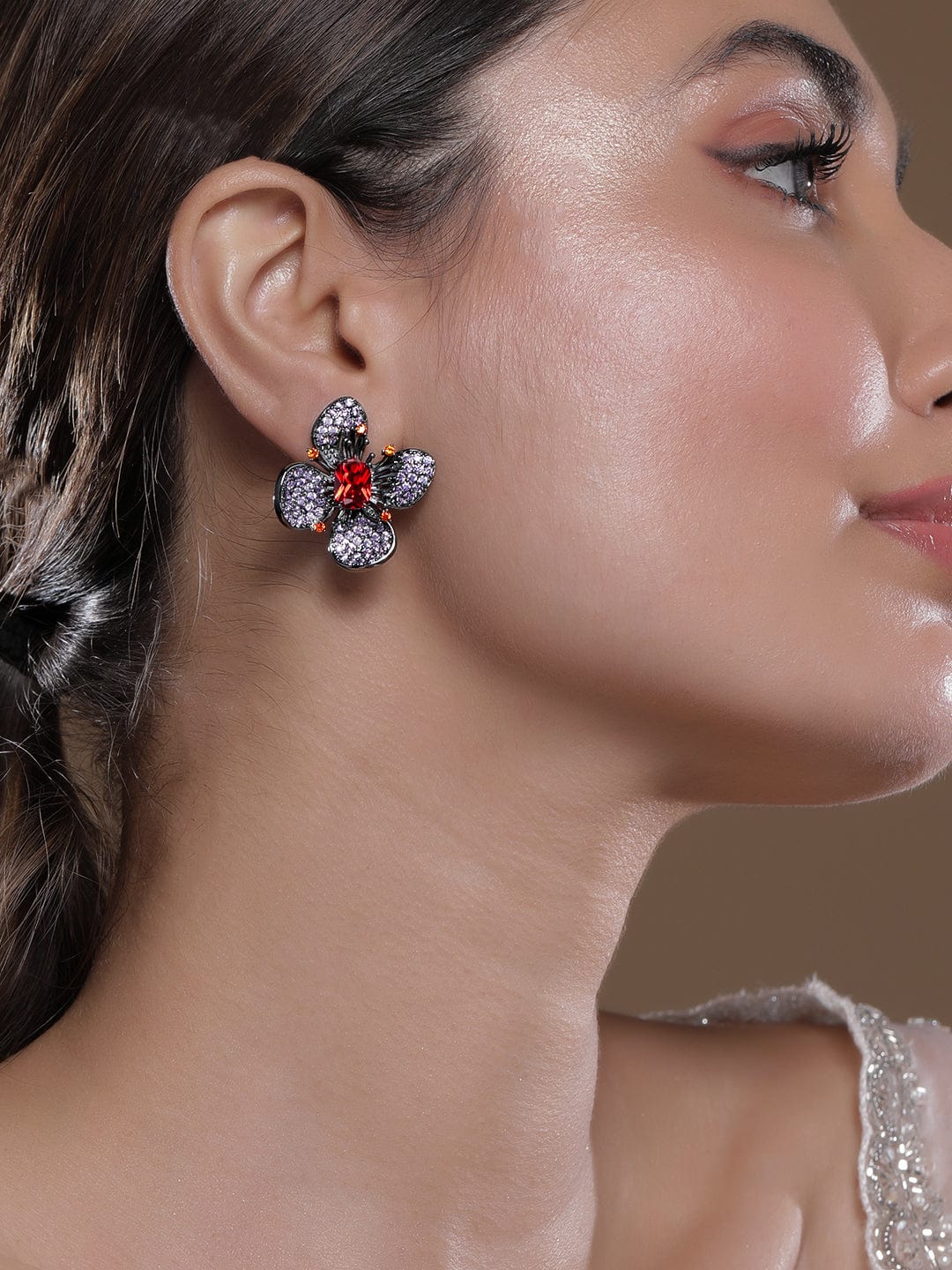 American Diamond Zirconia Ruby Stud Earrings フリーサイズ