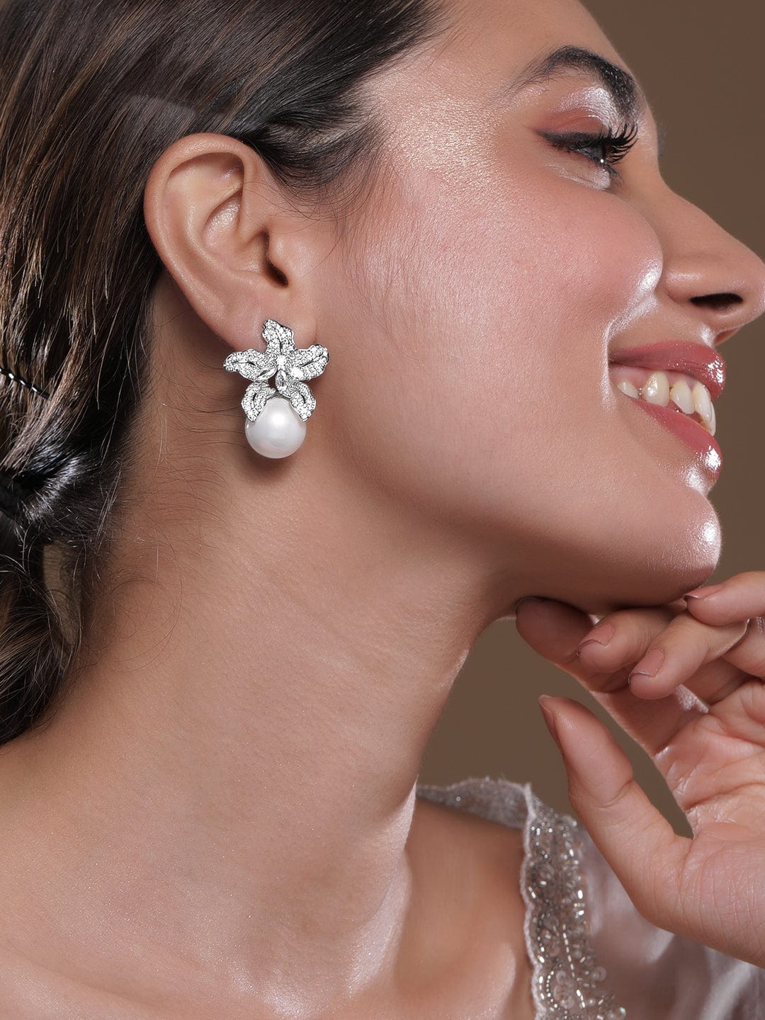 Crystal Bloom Pearl Drop Earrings Silver