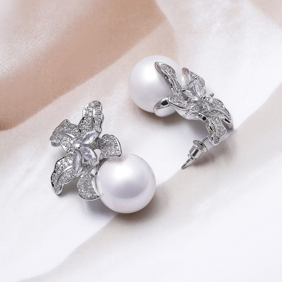 Crystal Bloom Pearl Drop Earrings Gold