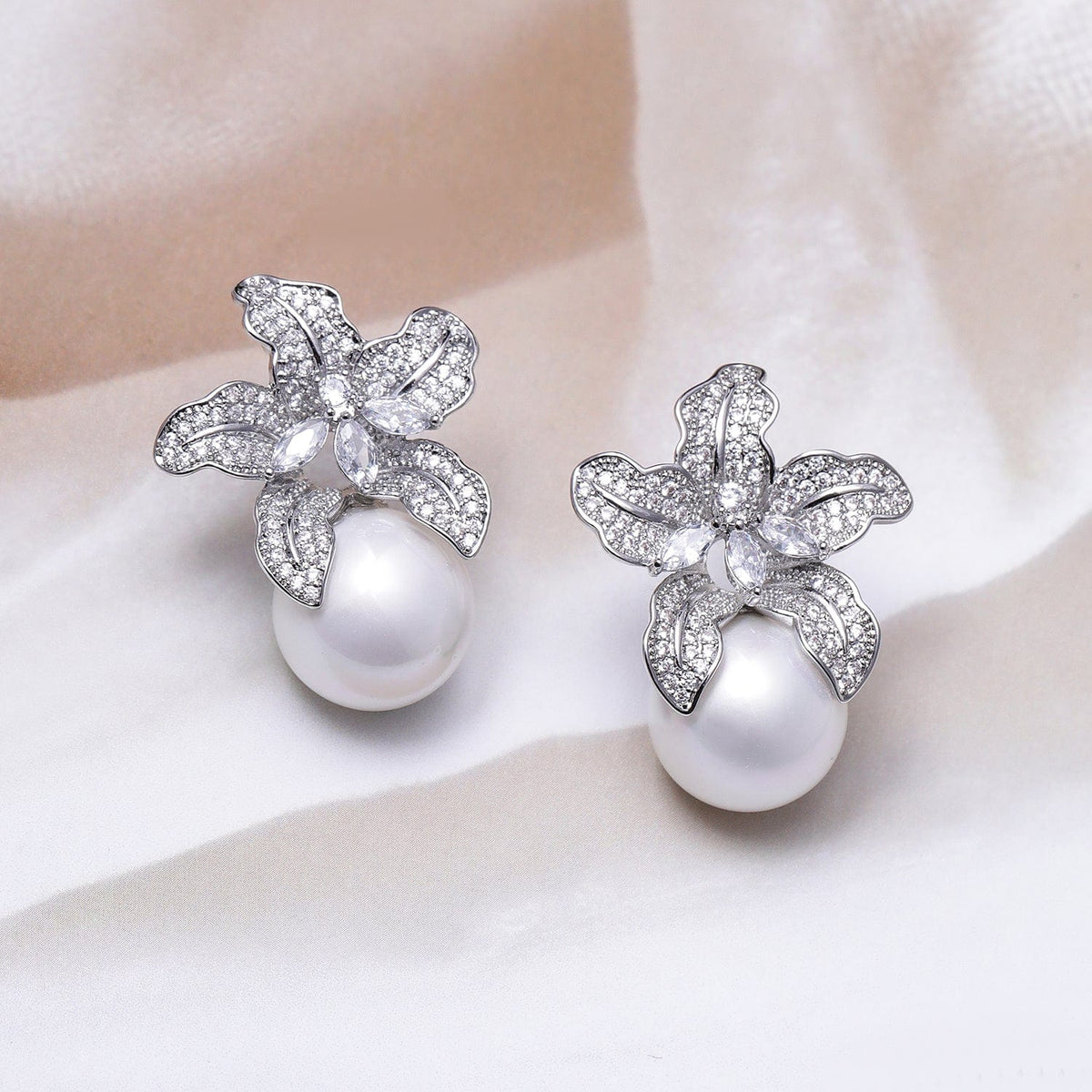 Crystal Bloom Pearl Drop Earrings Gold