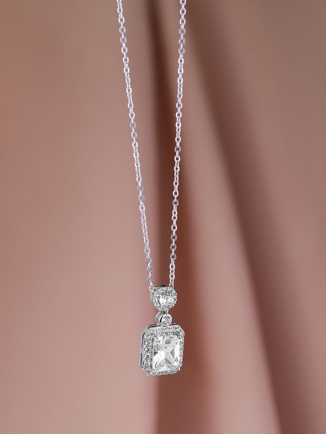 Voguish Rhodium Plated Sparkling AD & Cubic Zirconia Studded Rectangle Pendant Necklace Gold